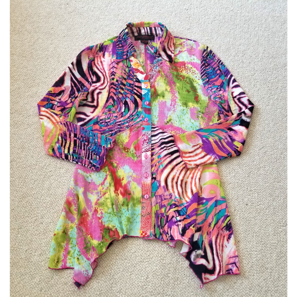 Womens Top-PLEATS COLLECTION-colorful patterned crinkled Lagenlook button-up-S